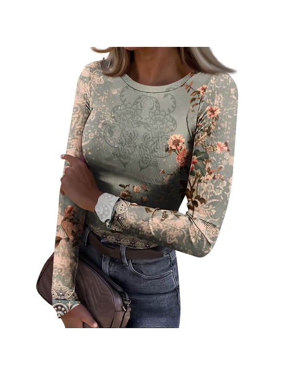 Long Sleeve Shirts for Women Stretchy Fitted Crewneck Ribbed Knit Blouses Printed T-Shirt Going Out Top