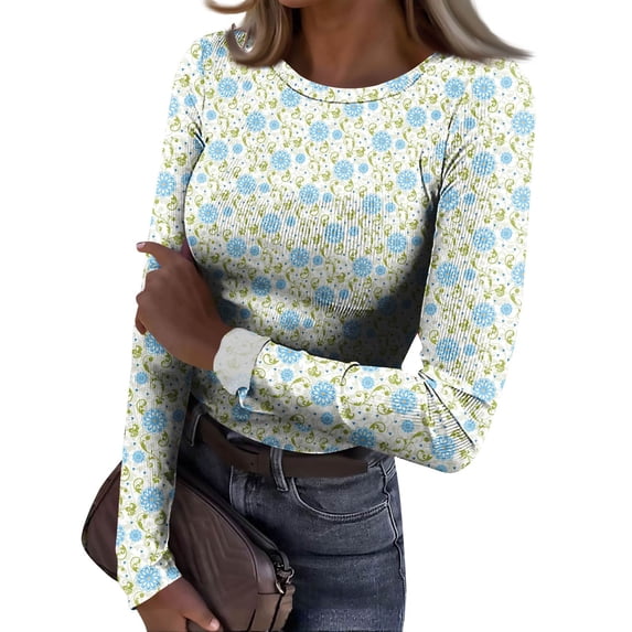 JGNGSHN Long Sleeve Undershirt for Women Stretchy Fitted Crew Neck Ribbed Tunic Tops Printed Basic Tee Going Out Workout Outfits