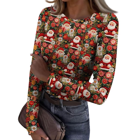 JGNGSHN Long Sleeve Undershirt for Women Stretchy Fitted Crewneck Ribbed Blouses Xmas Print Basic Tee Fall Winter Clothes