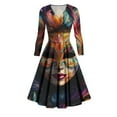 thumbnail image 1 of JGNGSHN Mardi Gras Dressess for Women Trendy Long Sleeve V Neck Dress Mardi Gras Mask Printed Pleated Maxi Dresses, 1 of 6