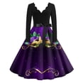 thumbnail image 1 of JGNGSHN Mardi Gras Outfit for Women Trendy Long Sleeve V Neck Dress Mardi Gras Mask Printed Pleated Vintage Hepburn Dresses, 1 of 3