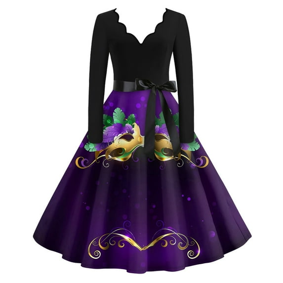 JGNGSHN Mardi Gras Outfit for Women Trendy Long Sleeve V Neck Dress Mardi Gras Mask Printed Pleated Vintage Hepburn Dresses