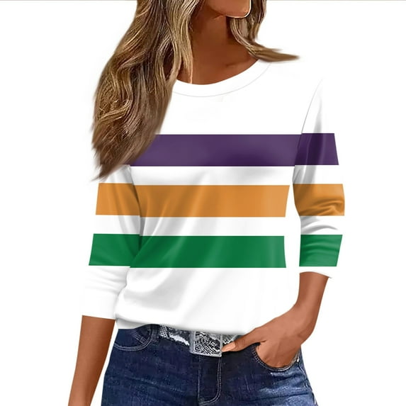 JGNGSHN Mardi Gras Tees for Women 3/4 Sleeve Tops Crew Neck T-Shirts Carnival Themed Party Parade Top 3D Tees Tunic Shirt Trendy Blouse