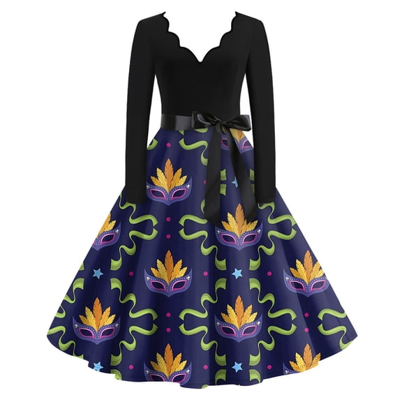 JGNGSHN Mardi Gras Womens Dresses Casual Casual V Neck Hepburn Dress Fashion Mardi Gras Mask Printed Pleated Vintage Dress