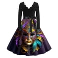 thumbnail image 1 of JGNGSHN Mardi Gras Womens Plus Size Dresses Long Sleeve V Neck Mardi Gras Mask Printed Dress Pleated Vintage Hepburn Dress, 1 of 3