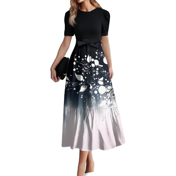 JGNGSHN Maxi Dresses for Women Summer Casual Crewneck Short Sleeve A Line Tiered Dress Flowy Swing Empire Waist Boho Sundresses Elegant Patchwork Ruffle Tiered Modest Church Dress