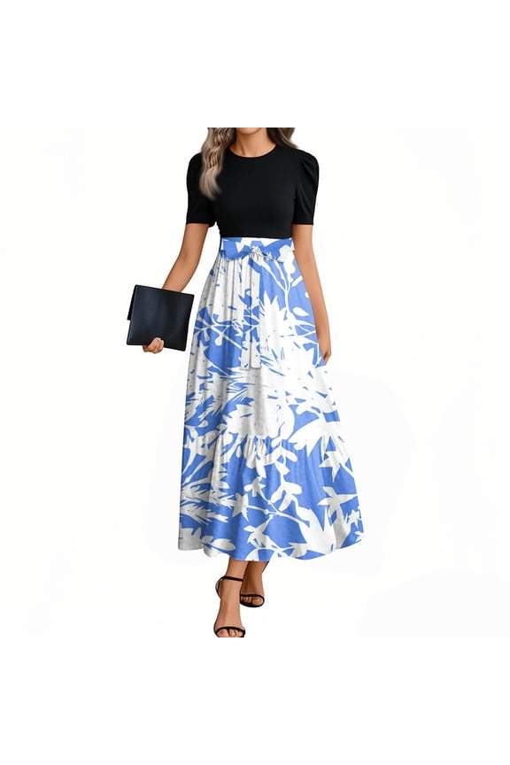 Maxi Dresses for Women 2025 Summer Short Sleeve Spring Sundress Crew Neck Patchwork Ruffle Hem a Line Wrap Dress