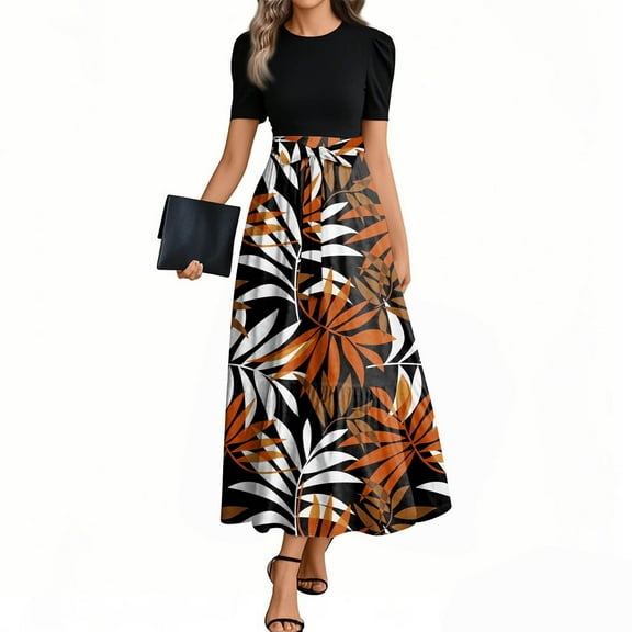 JGNGSHN Maxi Dresses for Women Summer Short Sleeve Casual Floral T-Shirt Beach Dress Patchwork Ruffle Hem a Line Wrap Dress