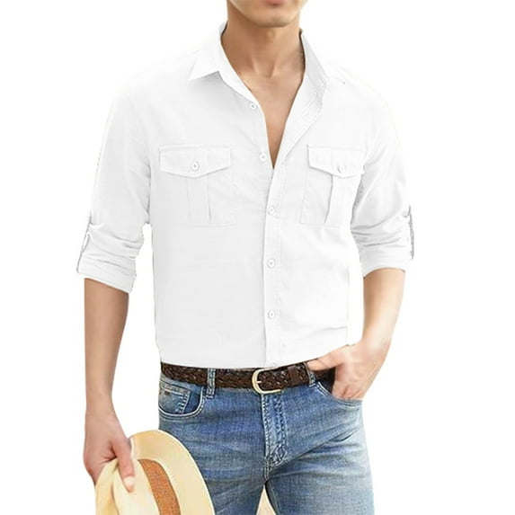 JGNGSHN Men's Button Up Shirts Casual Long Sleeve Cotton Linen Summer Shirt with Two Pockets Work Clothes