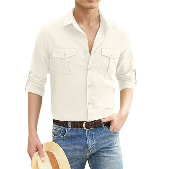 JGNGSHN Men's Cotton Linen Button Down Shirts 2025 Lightweight Summer Shirt Long Sleeve Work Coat Solid Color Clothes with Pockets