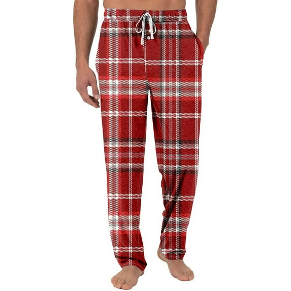JGNGSHN Men’s Cotton Pajama Pants, Elastic Waist Plaid Lounge Bottoms with Drawstring, Straight Fit Sleepwear Pants for Men