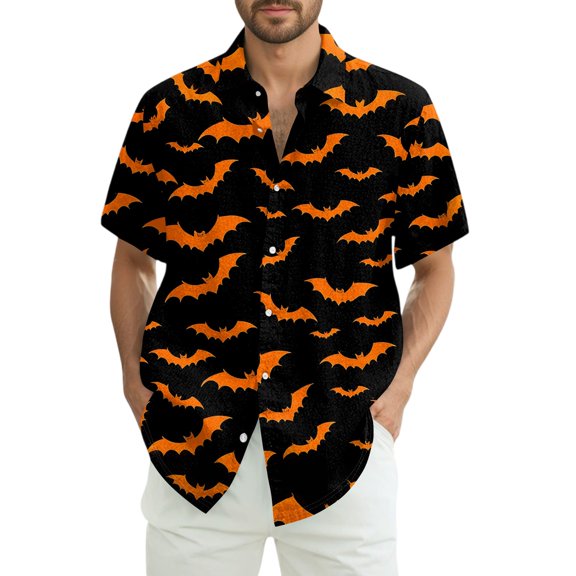 JGNGSHN Men’s Halloween Costume Shirts Button Down Short Sleeve Hawaiian Holiday Beach Shirt Cute Pumpkins Printed T-Shirt