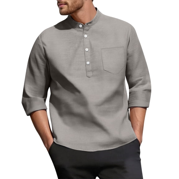 JGNGSHN Men's Linen Henley Shirts 3/4 Sleeve T-Shirt Fashion Casual 4 Button Band Collar Lightweight Summer Fall Tee Shirt L