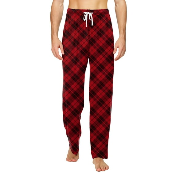 JGNGSHN Men’s Plaid Cotton Pajamas, Soft Lounge Pants with Elastic Waistband, Straight Leg Sleep Bottoms with Drawstring Tie