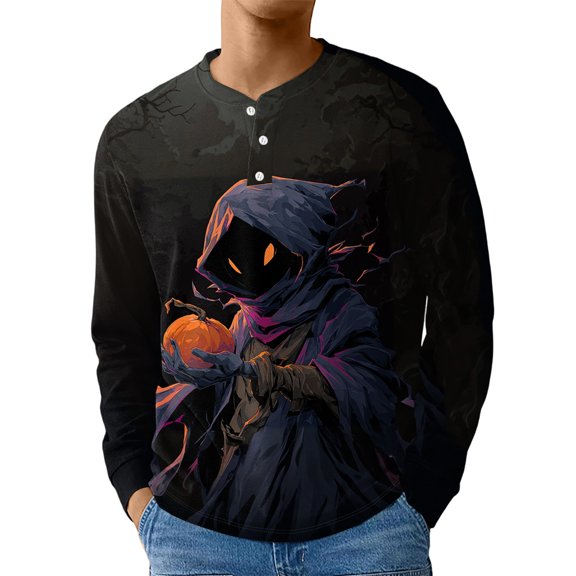 JGNGSHN Men's Regular Fit Halloween Henley Shirts Casual Button Fall Tops Lightweight Pullover Shirt