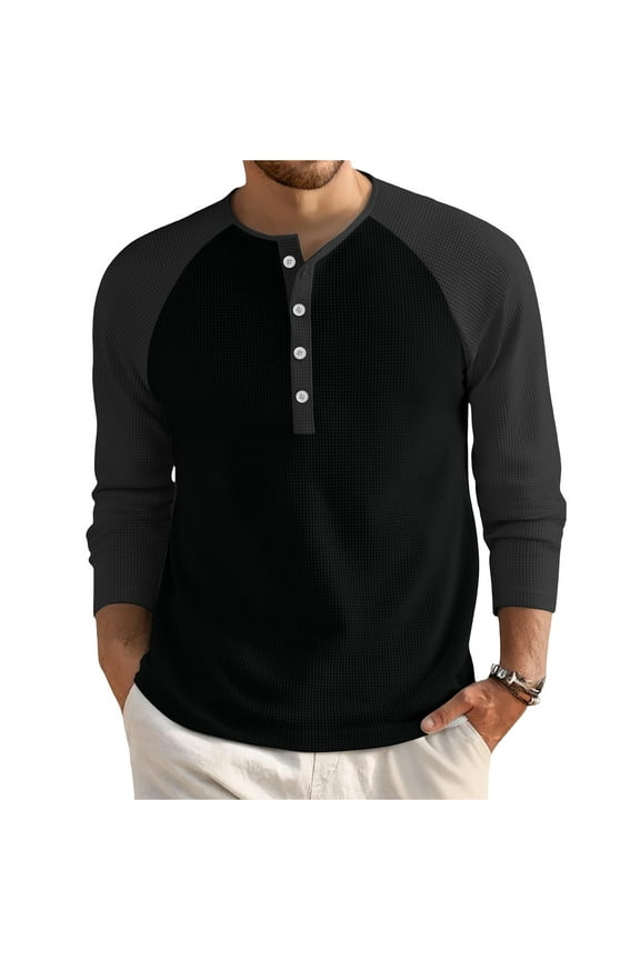 Men's Regular Fit Henley Shirts Casual Raglan Color Block Button Waffle Fall Tops Lightweight Pullover Shirt