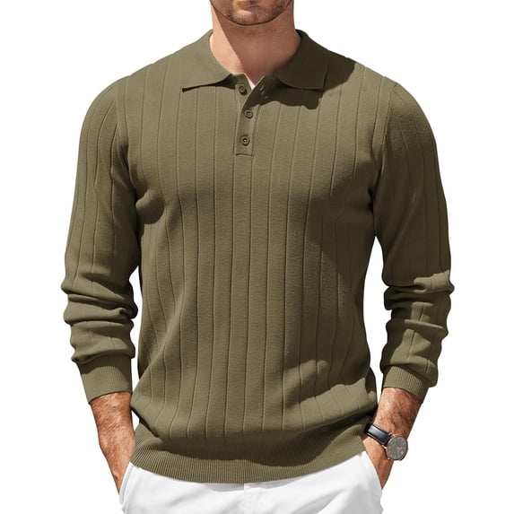 JGNGSHN Men's Ribbed Knit Lightweaight Sweaters Casual Long Sleeve Polo Sweater Collared Button V Neck Polo Shirts Solid Pullover Shirts