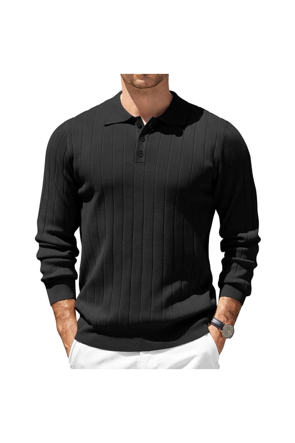 Men's Ribbed Knit Lightweaight Sweaters Casual Long Sleeve Polo Sweater Collared Button V Neck Polo Shirts Solid Pullover Shirts