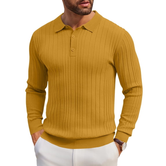 JGNGSHN Men's Ribbed Knit Sweater Casual Long Sleeve Polo Sweater Collared Button V Neck Polo Shirts