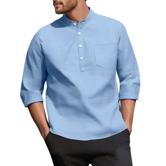 JGNGSHN Mens 3/4 Length sleeve Tops Casual Solid Plus Size Linen Henley Shirts for Daily Business and Vocation