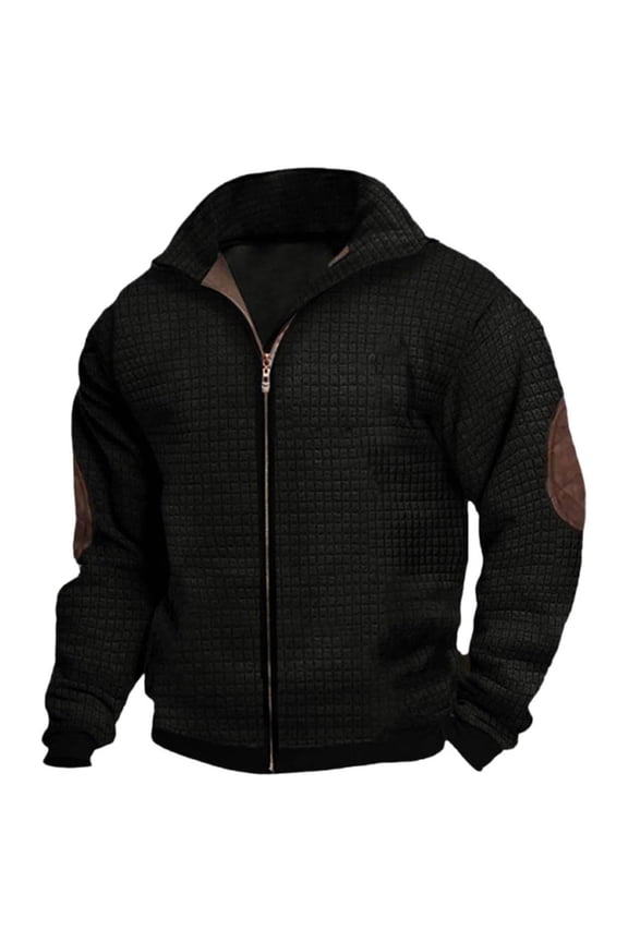 Mens Fall Jacket Zip Up Elbow Patches Lightweight Jacket Varsity Coat Solid Color Sweater