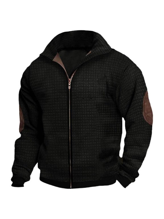 Mens Fall Jacket Zip Up Elbow Patches Lightweight Jacket Varsity Coat Solid Color Sweater