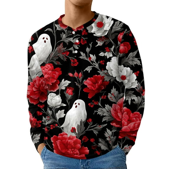 JGNGSHN Mens Halloween Shirts Long Sleeve Crew Neck Henley Shirt Spooky Season Tops Printted Pullover
