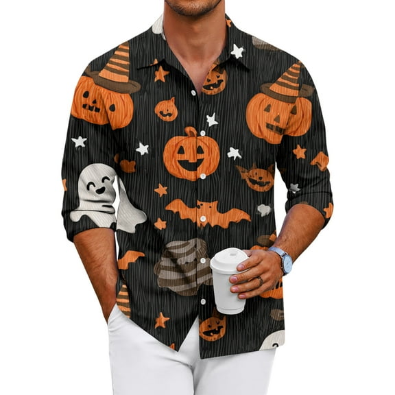 JGNGSHN Mens Halloween Tshirts Long Sleeve Funny Spooky Season Pumpkins Graphic Shirt Fashion Casual Tees Party Clothes