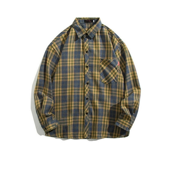JGNGSHN Mens Shirts Fall Jackets Loose Comfy Plaid Shirt Long Sleeve Lapel Pocket Button Down Tops
