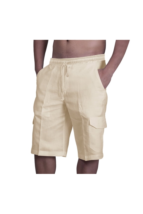 Mens Summer Shorts Cotton Linen Drawstring Beach Shorts with Multi-Pockets Soft Confy Running Short