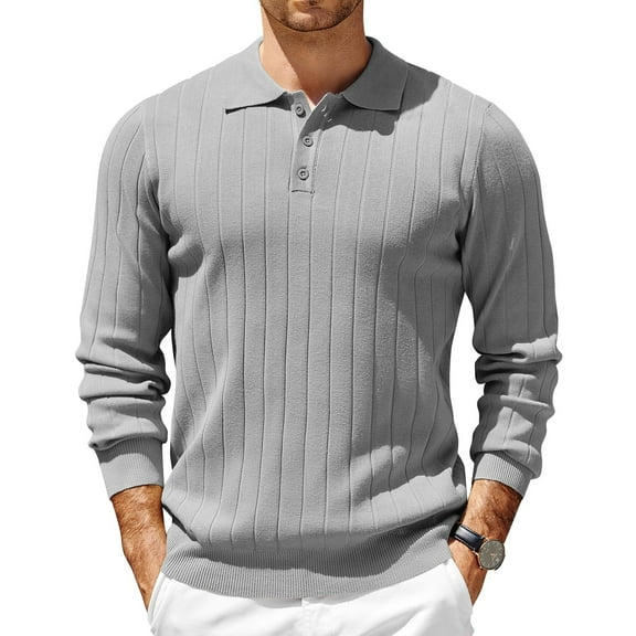 JGNGSHN Mens Sweater Casual Long Sleeve Ribbed Knit Retro Pullover Tops Button Lapel Collar Solid Color Polo Shirts