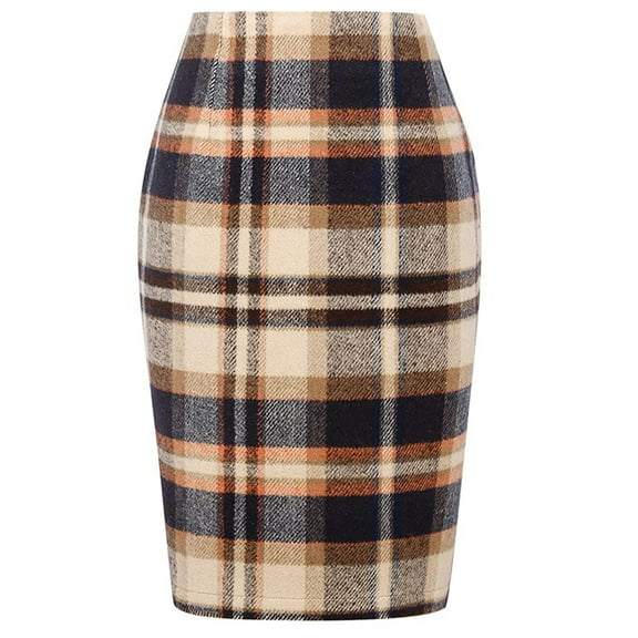 JGNGSHN Plaid Skirts for Women Fall Winter Knee Length Pencil Wool Skirt Fashion Business Wear