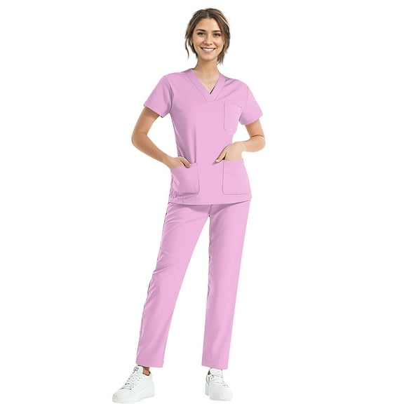 JGNGSHN Scrub Sets for Woman Solid Color V-Neck Short Sleeve Long Pants Nurse Uniform with Pock Purple Pink S
