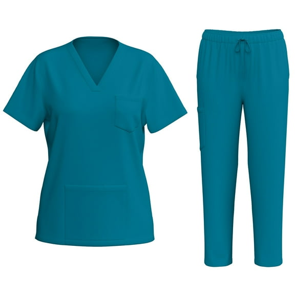 JGNGSHN Scrubs Medical Uniform Womens Scrub Set Solid V Neck Scrub Top & Drawstring Straight Leg Pant Nursing Workwear