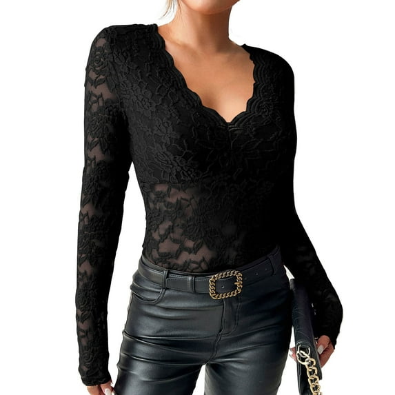 JGNGSHN See Through Tops for Women Trendy Long Sleeve Shirt V Neck Slim Fit Blouse