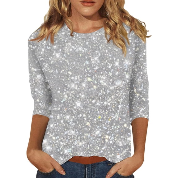 JGNGSHN Sequin Tops for Women 3/4 Sleeve Shirts Trendy Crewneck Party Shimmer Embellished Tshirt Sparkle Glitter Party Puff Tunic Top Blouse