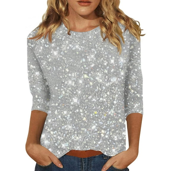 JGNGSHN Sequin Tops for Women 3/4 Sleeve Shirts Trendy Crewneck Party Shimmer Embellished Tshirt Sparkle Glitter Party Puff Tunic Top Blouse