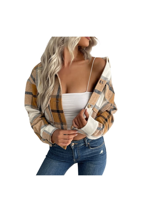 Shackets for Women 2025 Trendy Plaid Cropped Jacket Flannel Shirt Button Long Sleeve Fall winter coats