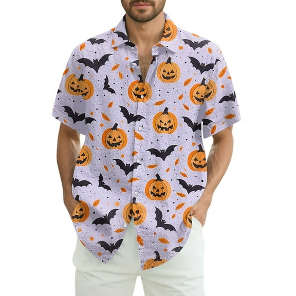 JGNGSHN Short Sleeve Halloween Costumes for Men Casual Button Down Holiday Vocation Beach Shirts Colorful Funny Pumpkins Printed T-Shirt