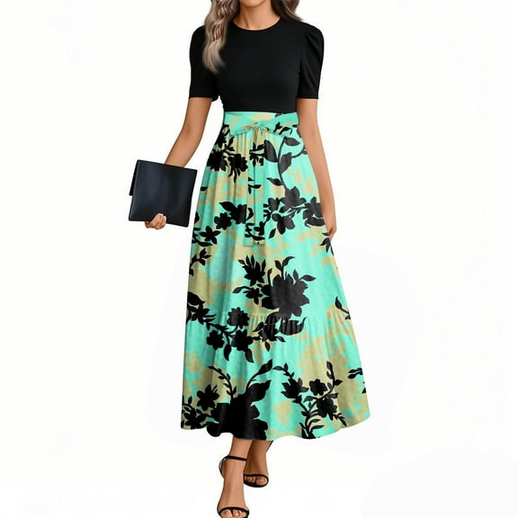 JGNGSHN Spring Wedding Guest Dress Floral Print Short Sleeve Sundress Crew Neck Patchwork Ruffle Hem a Line Wrap Maxi Dress