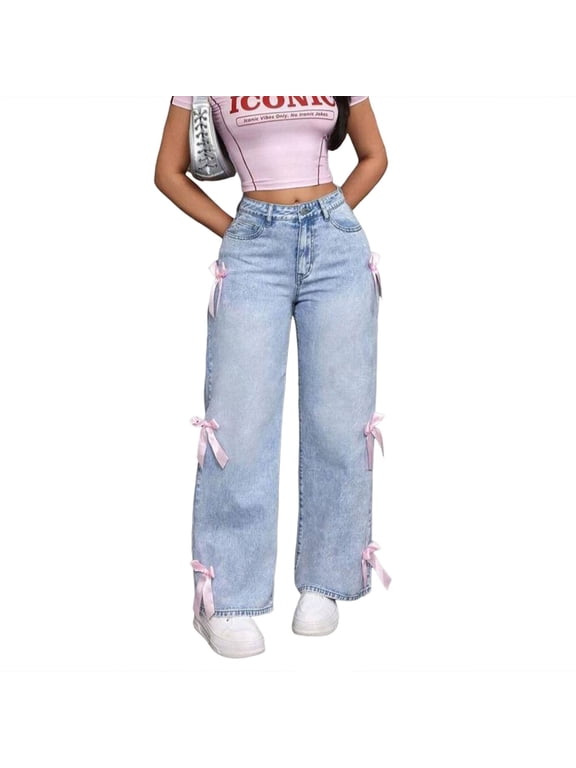 Street Girl Bow Washed JeansFashion Loose Straight Wide Leg Pants Comfy Trousers