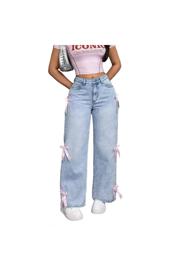 Street Girl Bow Washed JeansFashion Loose Straight Wide Leg Pants Comfy Trousers