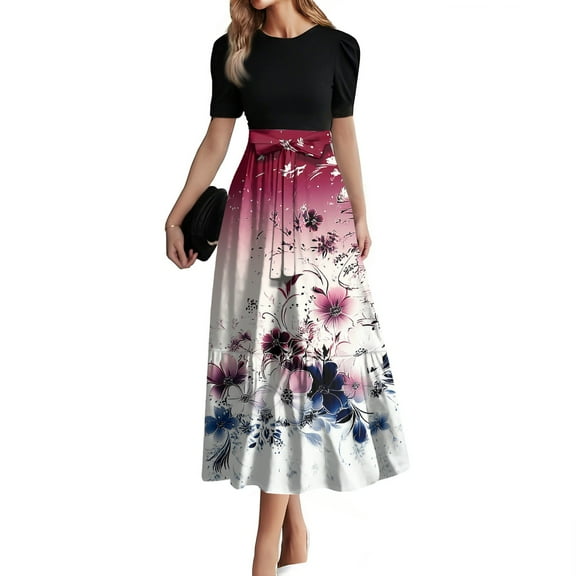 JGNGSHN Summer Maxi Dress for Women 2025 Casual Crewneck Short Sleeve A Line Tiered Dresses Flowy Swing Empire Waist Boho Sundresses Elegant Patchwork Ruffle Tiered Modest Church Dress