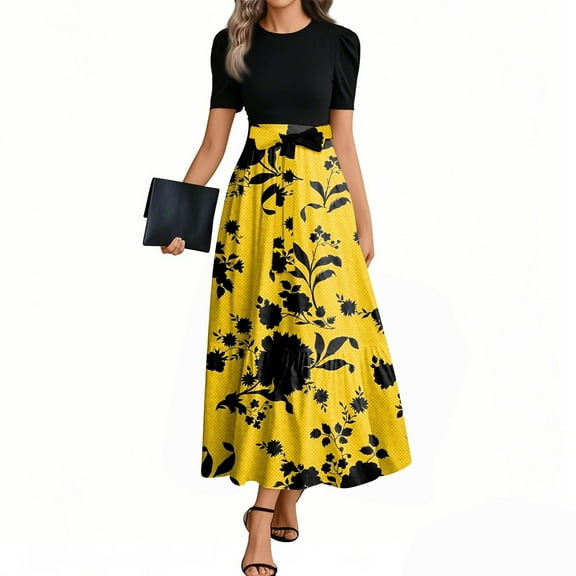 JGNGSHN Summer Maxi Dresses for Women 2025 Short Sleeve Dress Casual Floral T-Shirt Wrap Waist Tie Front Belted Patchwork Sundresses