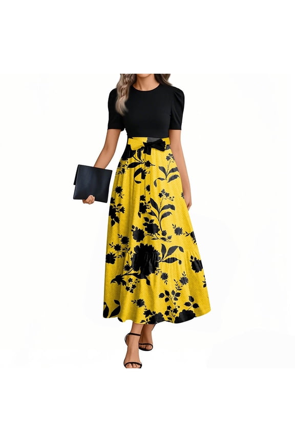 Summer Maxi Dresses for Women 2025 Short Sleeve Dress Casual Floral T-Shirt Wrap Waist Tie Front Belted Patchwork Sundresses