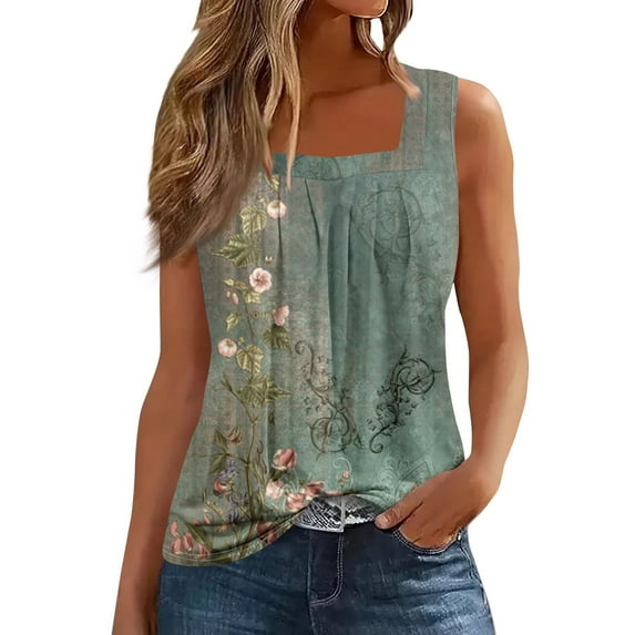 JGNGSHN Summer Tank Tops for Women Casual Pleated Square Neck Sleeveless Shirts Plus Size Printed Tuncis Vacation Clothes