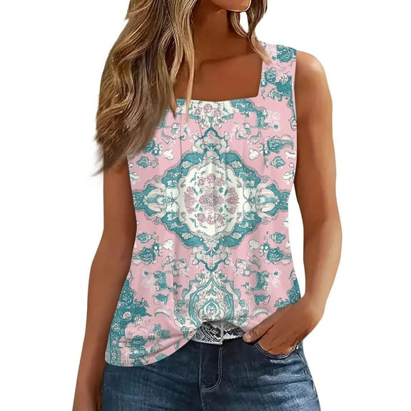 JGNGSHN Summer Tank Tops for Women Square Neck Pleated Sleeveless Top Plus Size Printed Tuncis Vacation Clothes