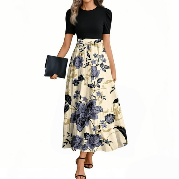 JGNGSHN Sundresses for Women Short Sleeve Maxi Dress Casual Floral T-Shirt Beach Dress Waist Tie Front Belted Patchwork Wrap Dress