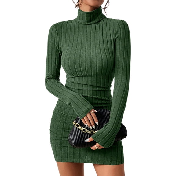 JGNGSHN Sweater Dress for Women Fashion Long Sleeve Ribbed Knit Pillover Turtleneck Bust Hip Package Dress Mid Length Dresses