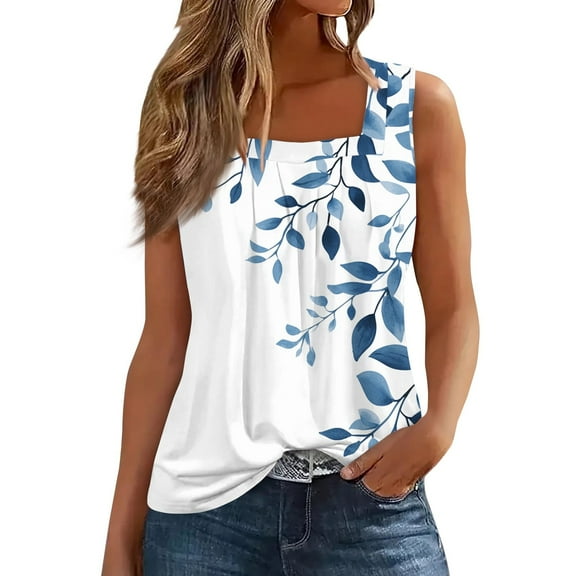 JGNGSHN Tank Tops for Women Casual Ruffled Square Neck Top Sleeveless Shirt Loose Fit Printed Tees